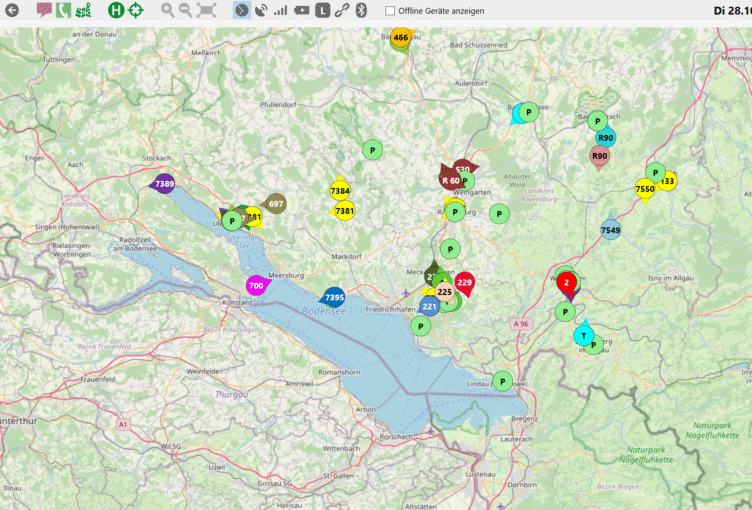 In der grafischen Landkarte werden alle Linien und Fahrzeuge mit ihrer aktuellen Position dargestellt. Die verschiedenen möglichen Ansichten (Einsatzplan, Fahrplan, Tabellenansicht oder Karte) können parallel geöffnet werden. Alle Ansichten werden fortlaufend aktualisiert.
