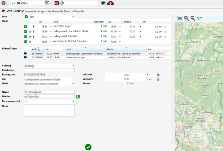 Darstellung der Fahrtroute pro Bedarfsfahrt