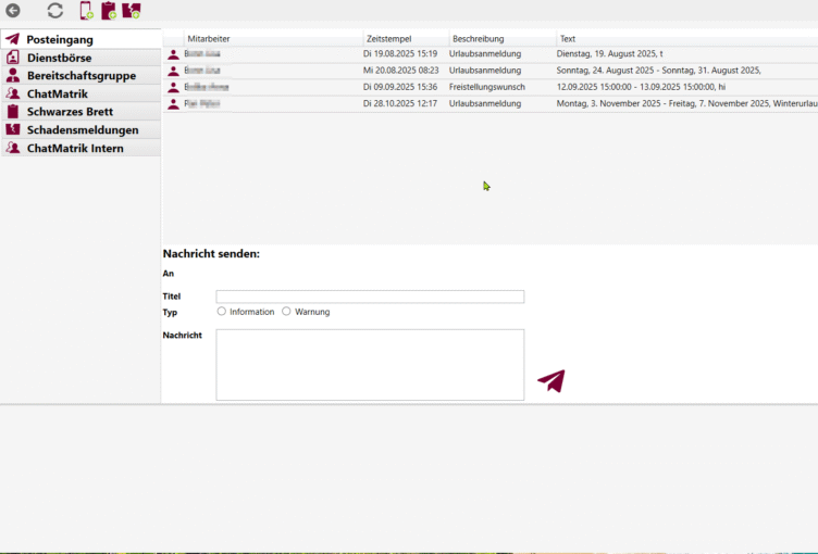 Dienstantrittskontrolle, Online-Dienstbörse, Urlaubsmeldungen