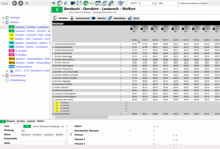 Grafische Fahrplanung wie im Fahrplanbuch mit allen betrieblichen Informationen | PlanMATRIK
